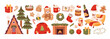 © vik.stock - Сozy Christmas with  wrapped gifts, and festive treats. Gingerbread cookies, a warm fireplace, and holiday decor. Set elements focused on tradition and seasonal cheer. Flat vector illustration.