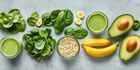 Green smoothie ingredients including spinach, avocado, banana, almond and a glass of plant based milk are laying on a white background, shot from above. There is plenty of copy space available