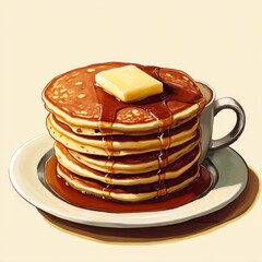 Canvas Print - A stack of golden brown pancakes topped with butter and syrup, accompanied by a white mug of coffee.