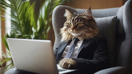 Wall Mural - Cat in a business suit is telecommuting from home