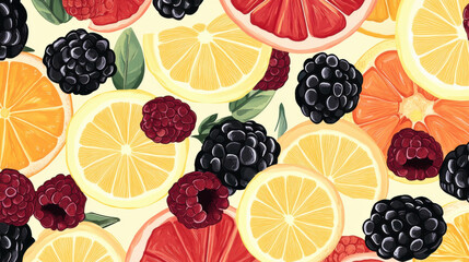 Seamless pattern of berries and citrus. Slices of lemon, orange, lime, blueberries, cranberries, lingonberries, cherries and strawberries