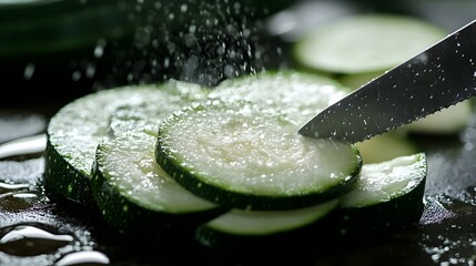 Wall Mural - Macro photography of a freshly sliced zucchini highlighting the intricate cross sectional details vibrant colors and natural moisture within the vegetable