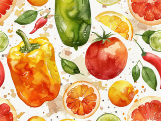 Wall Mural - Watercolor pattern mix fruit, and leaves for vibrant and summery design