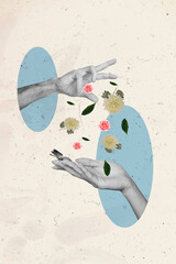 Sticker - Creative abstract template collage of hands throw flowers aster blooming freak bizarre unusual fantasy billboard