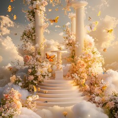 Canvas Print - A stairway to heaven with white columns, clouds, flowers, and butterflies.