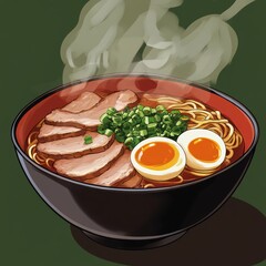 Wall Mural - A steaming bowl of ramen with pork, eggs, and green onions.