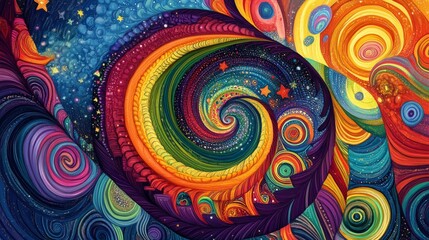 Wall Mural - A psychedelic, colorful illustration of an infinite spiral staircase leading to the center of infinity. 