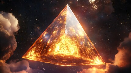 Wall Mural - A fiery pyramid-shaped object hovers amidst the stars and clouds in space.