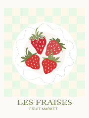 Wall Mural - Les fraises - abstract fruit poster. Retro groovy strawberries on checkered background. Aesthetic contemporary print.