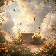 Wall Mural - A stone pedestal surrounded by blooming flowers and butterflies against a backdrop of a dreamy sky.