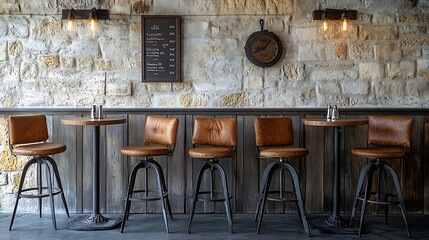 Aufkleber - Seating area with bar tables and bar chairs in a modern cafe industrial style with stone wall wood and black steel : Generative AI