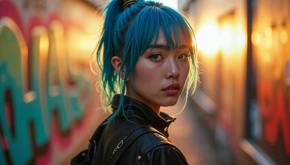 A young asian woman with blue and green dyed hair wearing a black leather jacket, looking directly at the camera with a serious expression