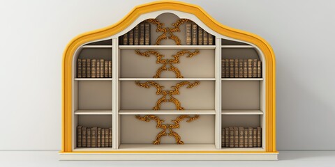 luxury ivory and dark yellow wooden bookshelf with gold arabic door ornament on white background 