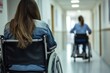 © Olsek - Two individuals in wheelchairs sit in a well-lit corridor. They showcase resilience and support in a healthcare setting. This image highlights inclusion and strength. Generative AI