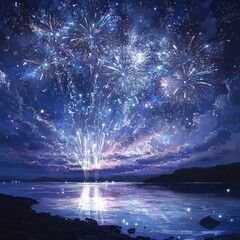 Poster - A stunning display of fireworks explodes over a calm lake with a starry sky reflecting in the water.