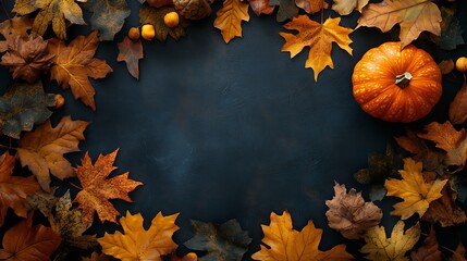 Thanksgiving and Autumn decoration concept made from autumn leaves and pumpkin on dark background Flat lay top view with copy space : Generative AI