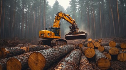 The heavy machine harvester working in a forest Wooden logs lifting with lambrtjack Agriculture and forestry concept panorama photo : Generative AI