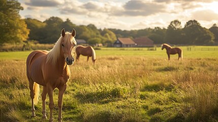 horses grazing on a pasture in the padlock uk farm houses in the background : generative ai