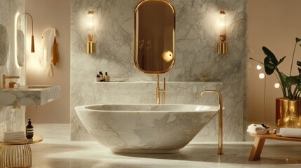 Wall Mural - Modern bathroom featuring a freestanding marble bathtub, with gold fixtures and a large mirror for an opulent feel.