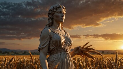 A statue of Demeter standing in a field of harvest, holding a bundle of golden wheat, with a sunset-hued harvest scene as the background.