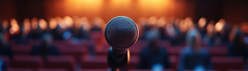 Wall Mural - Close-Up of Microphone on Stage with Blurred Audience in Background at Conference or Event