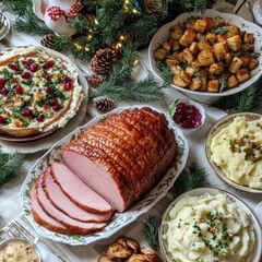 A table set for a Christmas dinner with a roasted ham, mashed potatoes, cranberry sauce, and a tart.