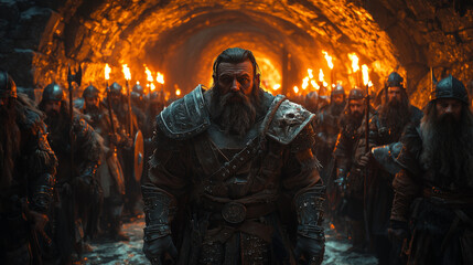 dwarven commander leading an army through a torch-lit tunnel, preparing for battle