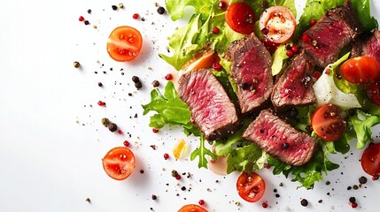 Falling steak salad ingredients isolated on white background sliced beefsteak food packaging concept : Generative AI