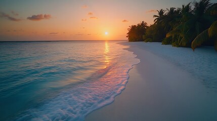 Wall Mural - Gorgeous sunset over serene beach breathtaking summer landscape on Maldives High quality photo Beautiful view : Generative AI