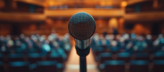 Wall Mural - Close-Up of Microphone on Stage with Blurred Audience in Background at Conference or Event