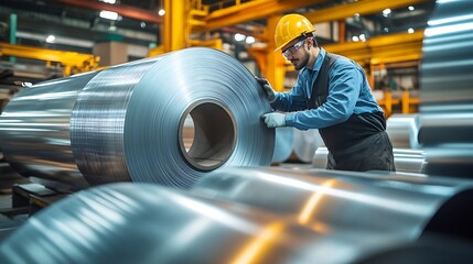 Wall Mural - Engineer checking metal sheet roll in factory Factory worker man inspection on hole rolls of metal carbon steel sheets in factory or warehouse Metal sheet manufacturing business : Generative AI