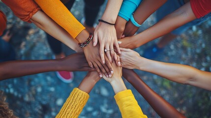 Top view of stacking hands cropped International friendship concept multicultural people representing peace and unity against racism Integration between diversity Friends going vacatio : Generative AI