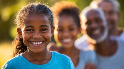 Wall Mural - Young girl smiles with her family in the background, slightly blurred