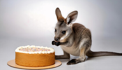 Poster - adorable baby kangaroo enjoying a piece of cake