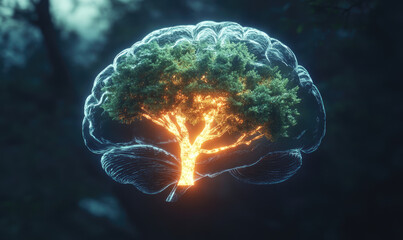 Wall Mural - 3D render of a brain with glowing tree-like branches, a dark background, and a purple and yellow color scheme