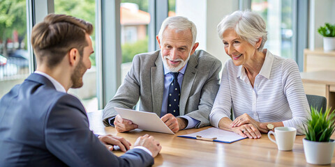 Senior couple at desk in office listening to young male realtor for property offer, sale to elderly spouses old customers reading contract on table, plan to take bank loan or medical health insurance