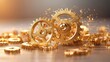 © weerasak - Close-up of golden gears with shimmering particles, representing industry, craftsmanship, and mechanical innovation.