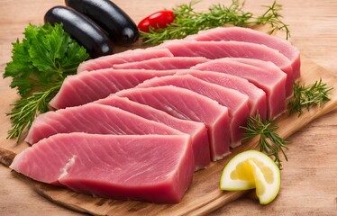 Wall Mural - Fresh tuna fillet with herbs and vegetables arranged on a wooden cutting board, ready to be prepared for a high-quality nutritious meal.