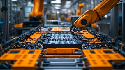 Poster - EV Battery Pack on Production Line Equipped with Robot Arms inside Modern Factory Battery for Automotive Industry Lithiumion Highvoltage Battery for Electric Vehicle or Hybrid Car Manu : Generative AI