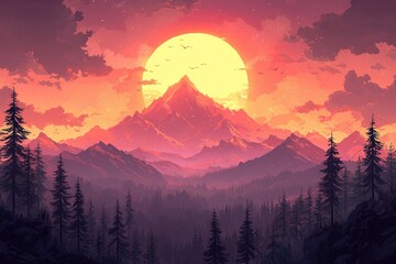 Canvas Print - Silhouette of Mountains and Forest Against a Sunset Sky