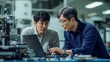 © The Little Hut - Middle Aged Engineer and Young Japanese Technician Having a Conversation and Using Laptop Computer Specialists Monitoring Analyzing Software Reports at a Modern Electronics Factory : Generative AI