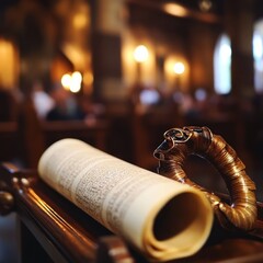 Wall Mural - A Torah scroll on a wooden stand in a synagogue.