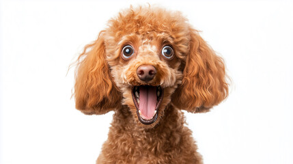 Canvas Print - A cute brown poodle dog with big eyes, mouth open, and tongue sticking out on a white background 