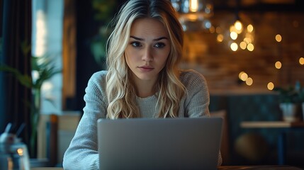 Leinwandbilder - Portrait of Young Successful Caucasian Businesswoman Sitting at Desk Working on Laptop : Generative AI