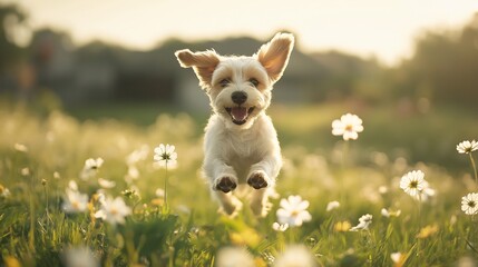 Joyful Dog Leap: A white dog leaps in a field of daisies, bathed in the golden glow of the setting sun, capturing the pure joy of a playful puppy. 