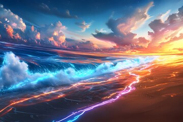 Sticker - Vibrant Sunset Over the Ocean with Glowing Waves.