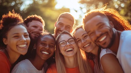 Wall Mural - Diverse group of young volunteers enjoying nature and taking a selfie together