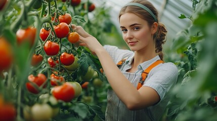 Sticker - Woman harvesting tomatoes in a greenhouse Farm for growing vegetables : Generative AI