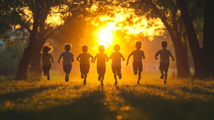 kids run in the park at sunset friendly family children camp kid dream concept a group of children run on the grass at rays fun of the sun silhouette childhood dream teamwork sunset co : Generative AI