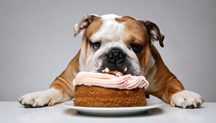 Wall Mural - adorable bulldog enjoying a delicious cake